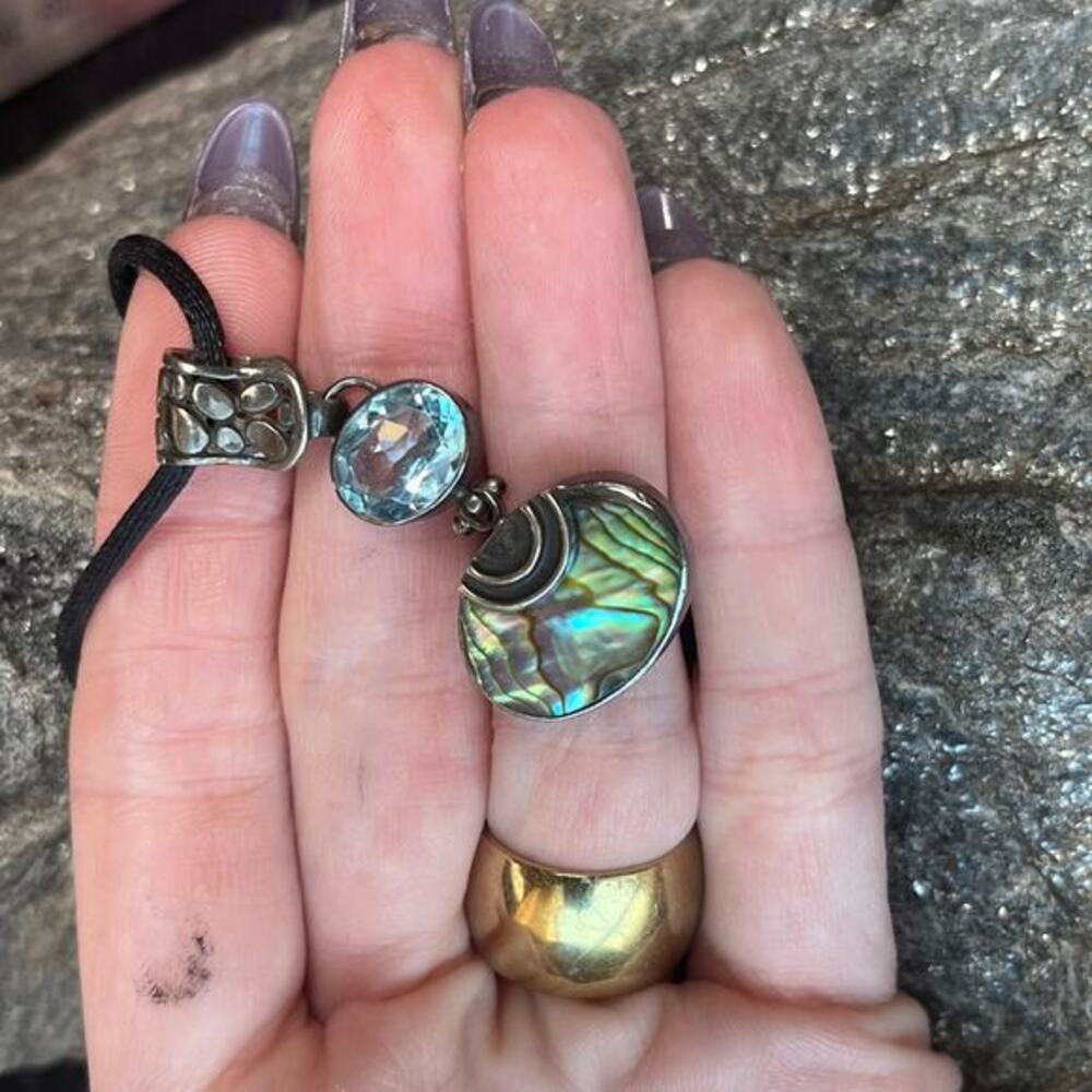 Vintage Estate Abalone and Blue Topaz Stone Pendant Necklace 925 Sterling Silver